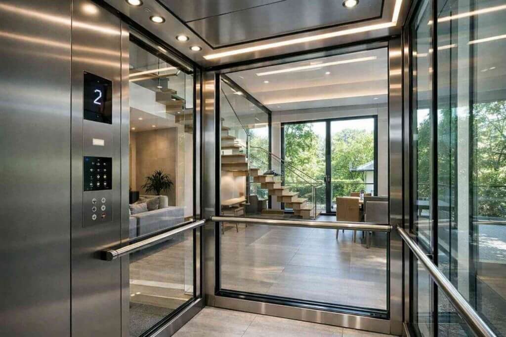 interior de cabina de ascensor panorámico moderno en vivienda unifamiliar